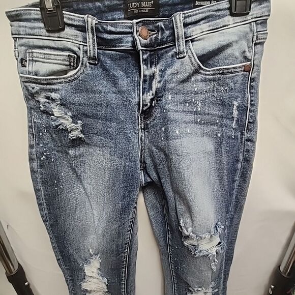 Judy Blue Boyfriend Fit Midrise Jeans Distressed Splatter Ripped Stretchy Sz7/28 - Picture 12 of 15